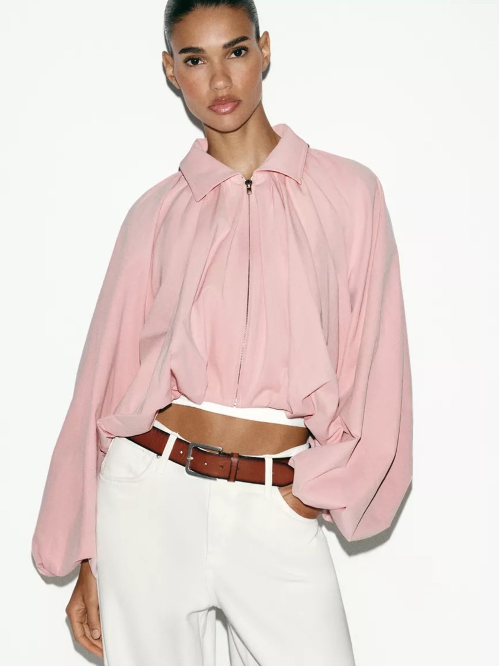 Viral Blush Pink Zara Zip-Front Balloon Sleeve jacket